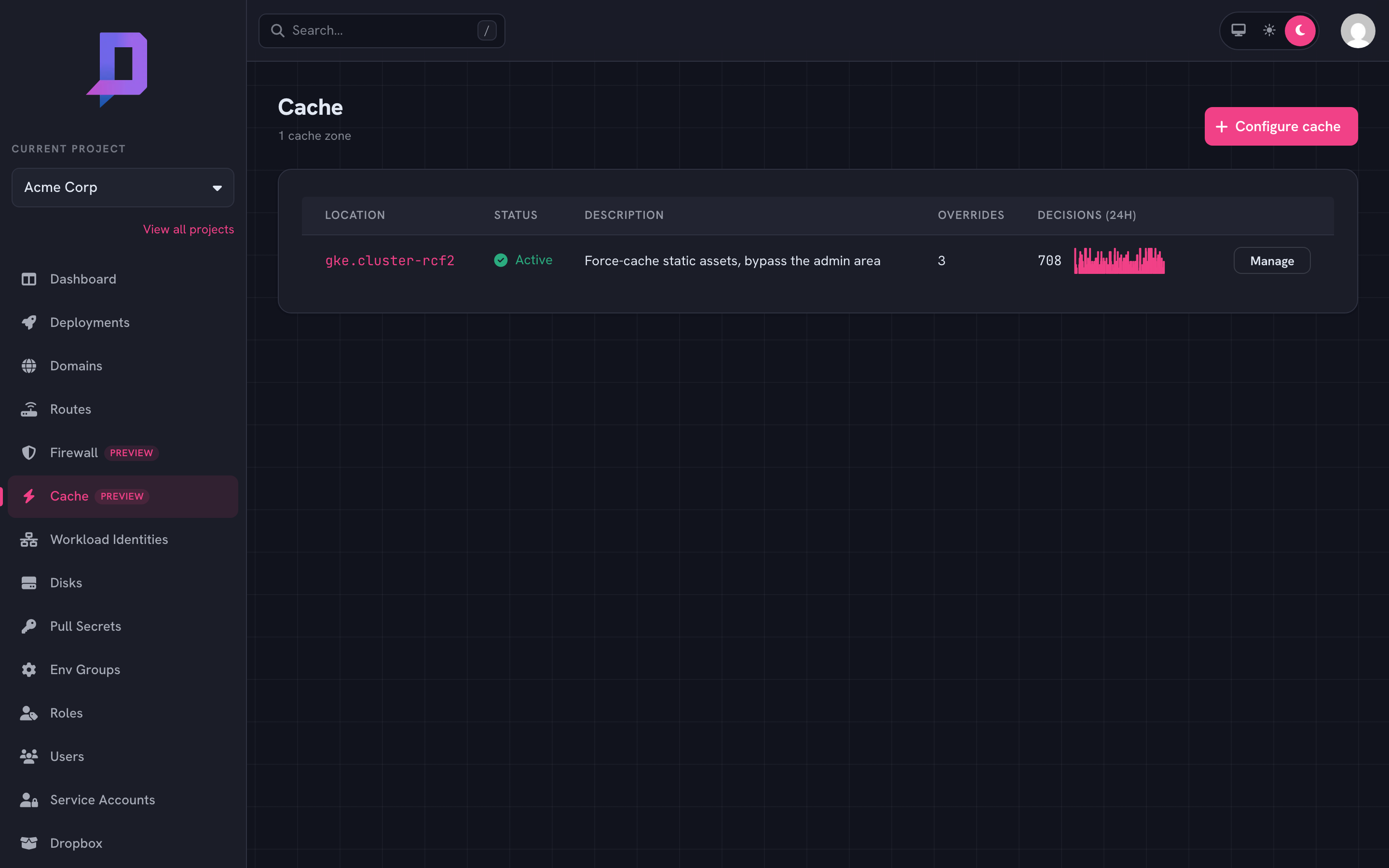 Cache list showing a single active zone with 3 overrides and 732 decisions in 24h