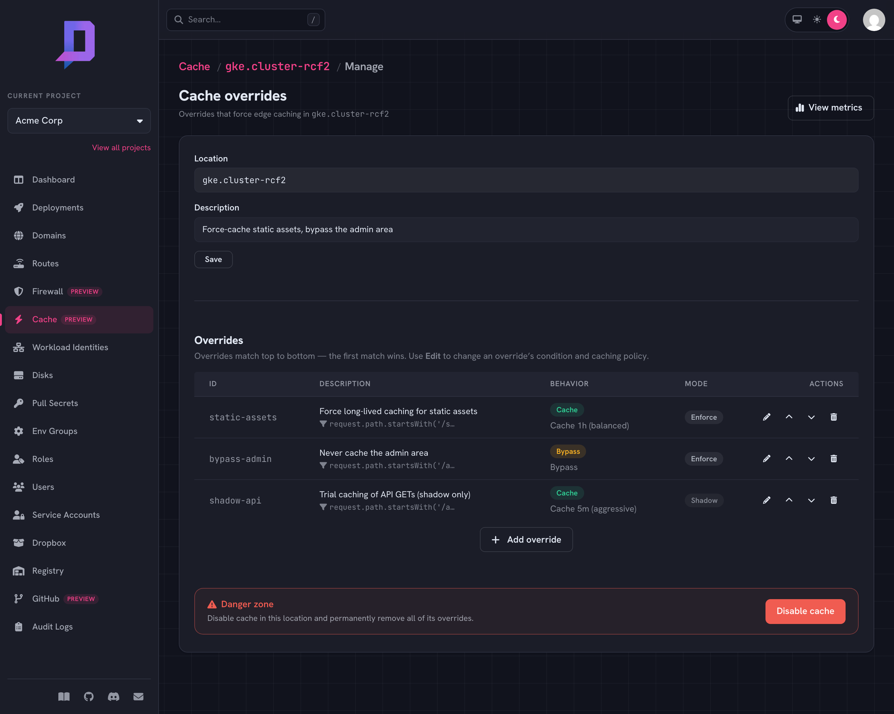 Manage page listing three overrides — a static-assets cache, an admin bypass, and a shadow-mode API trial