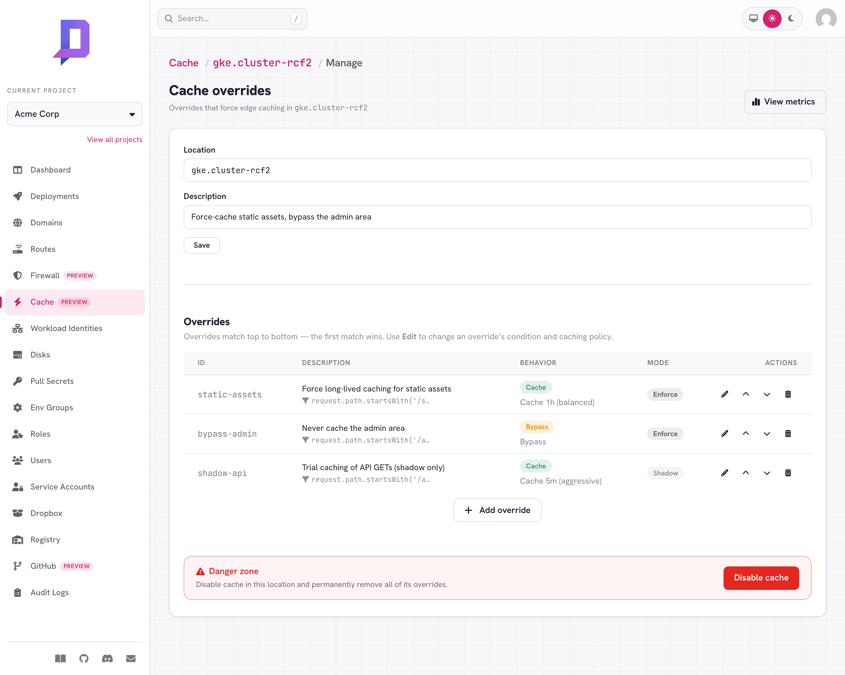 Manage page listing three overrides — a static-assets cache, an admin bypass, and a shadow-mode API trial