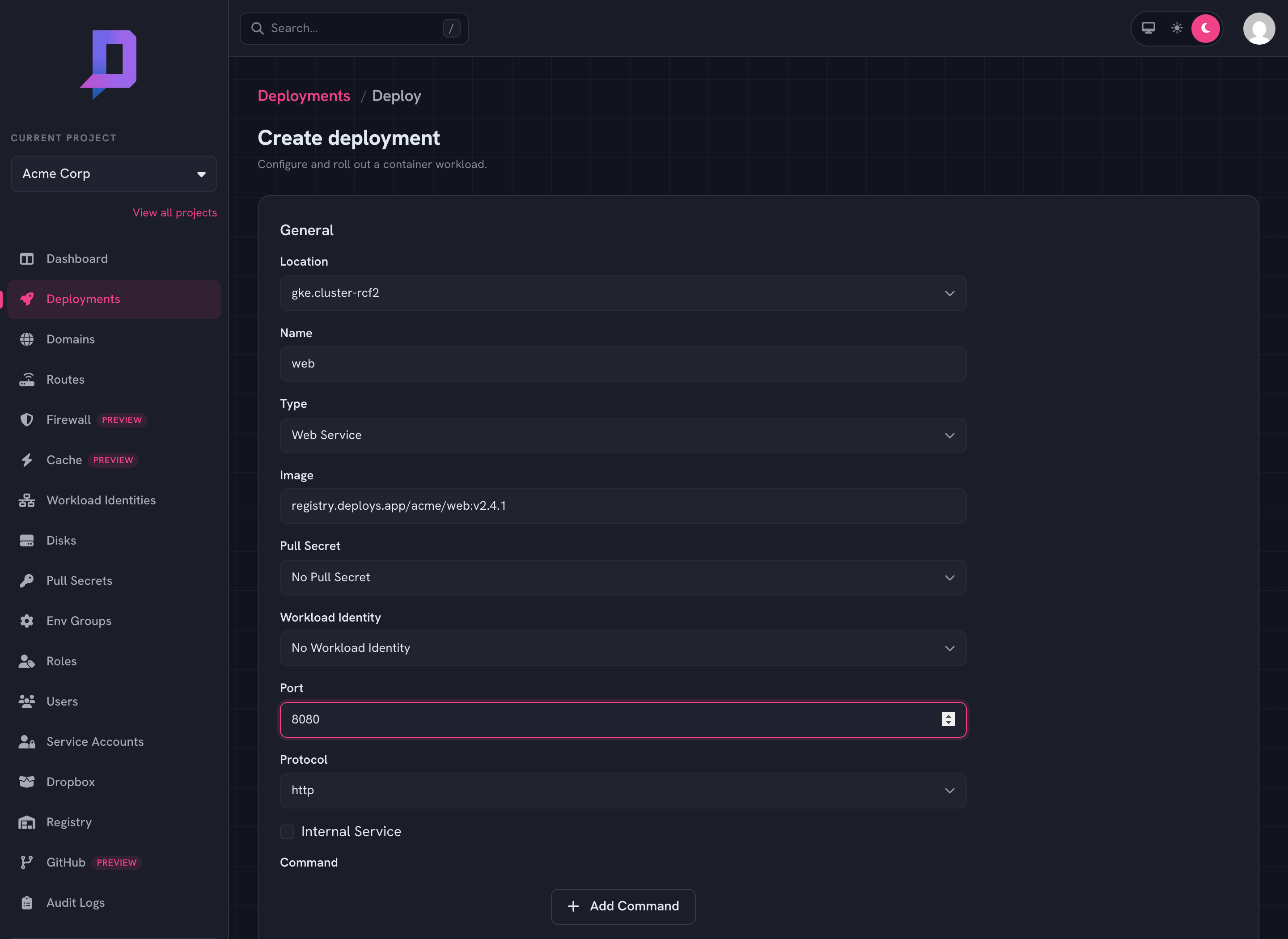 Deployment form in the console