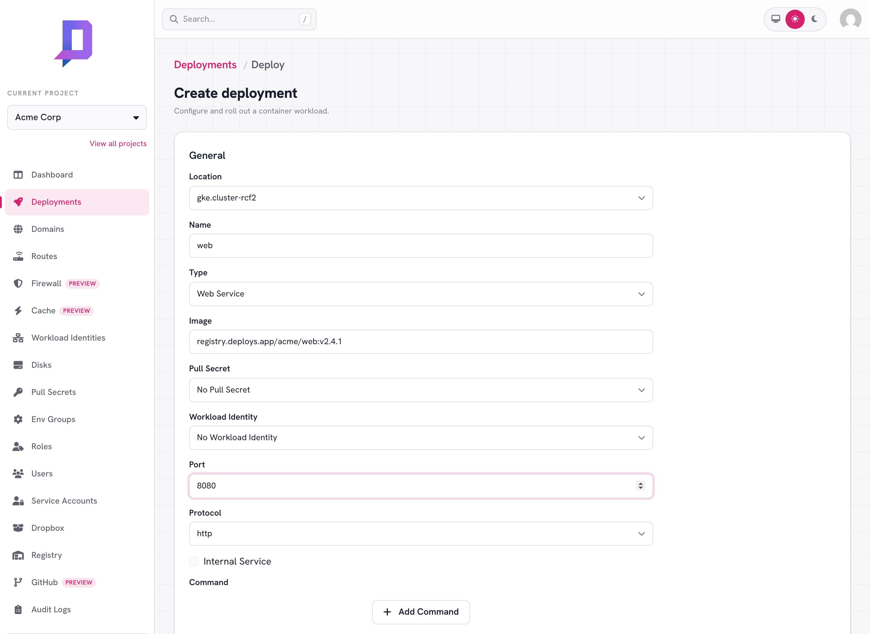 Deployment form in the console