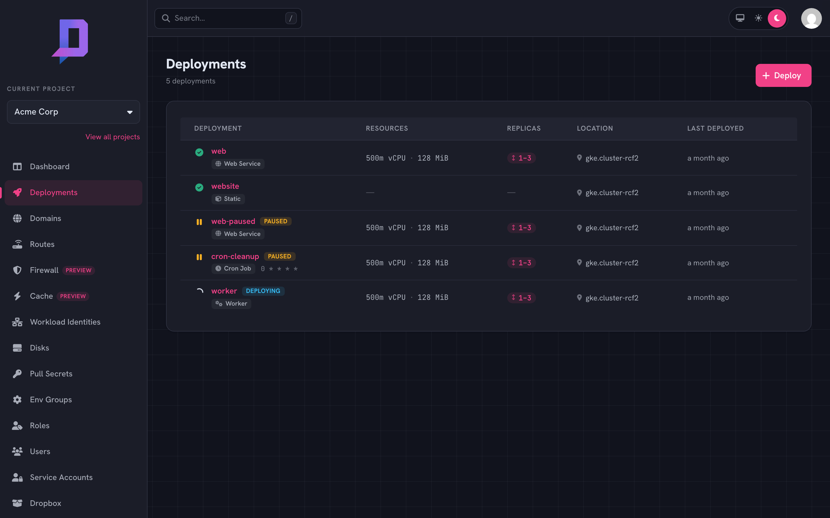 Deployment list showing a healthy web service
