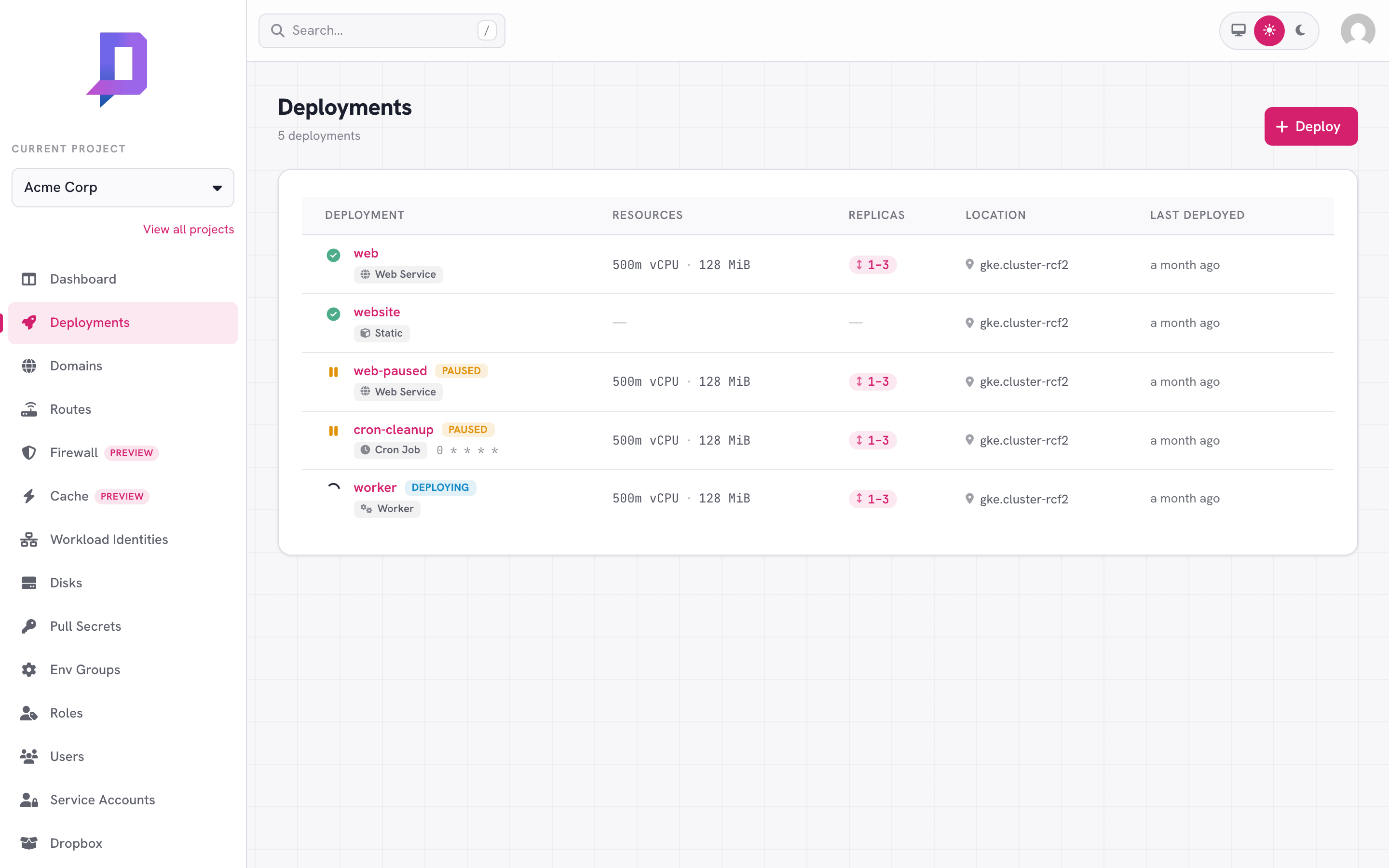 Deployment list showing a healthy web service