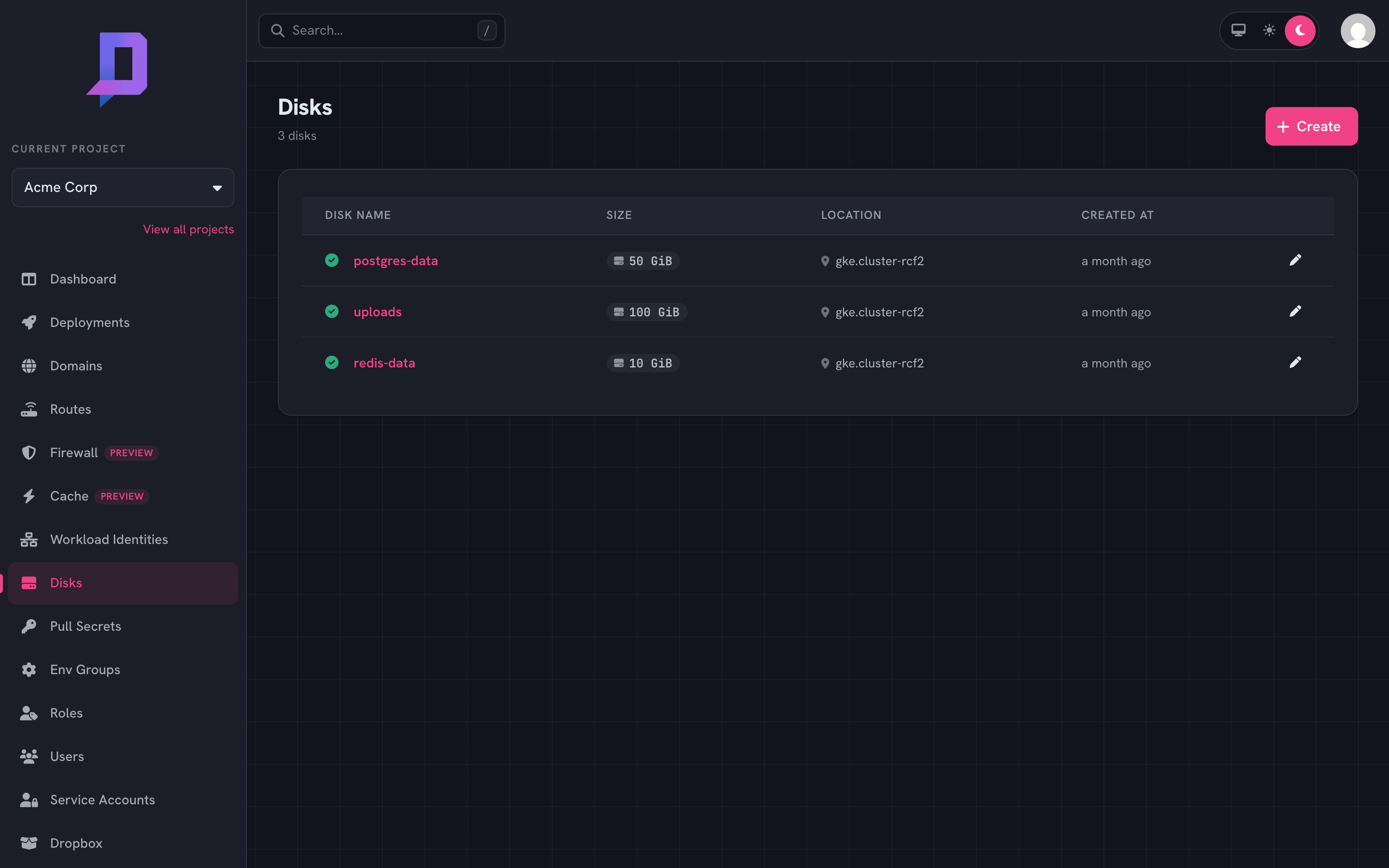 Disks: postgres-data 50 GiB, uploads 100 GiB, redis-data 10 GiB