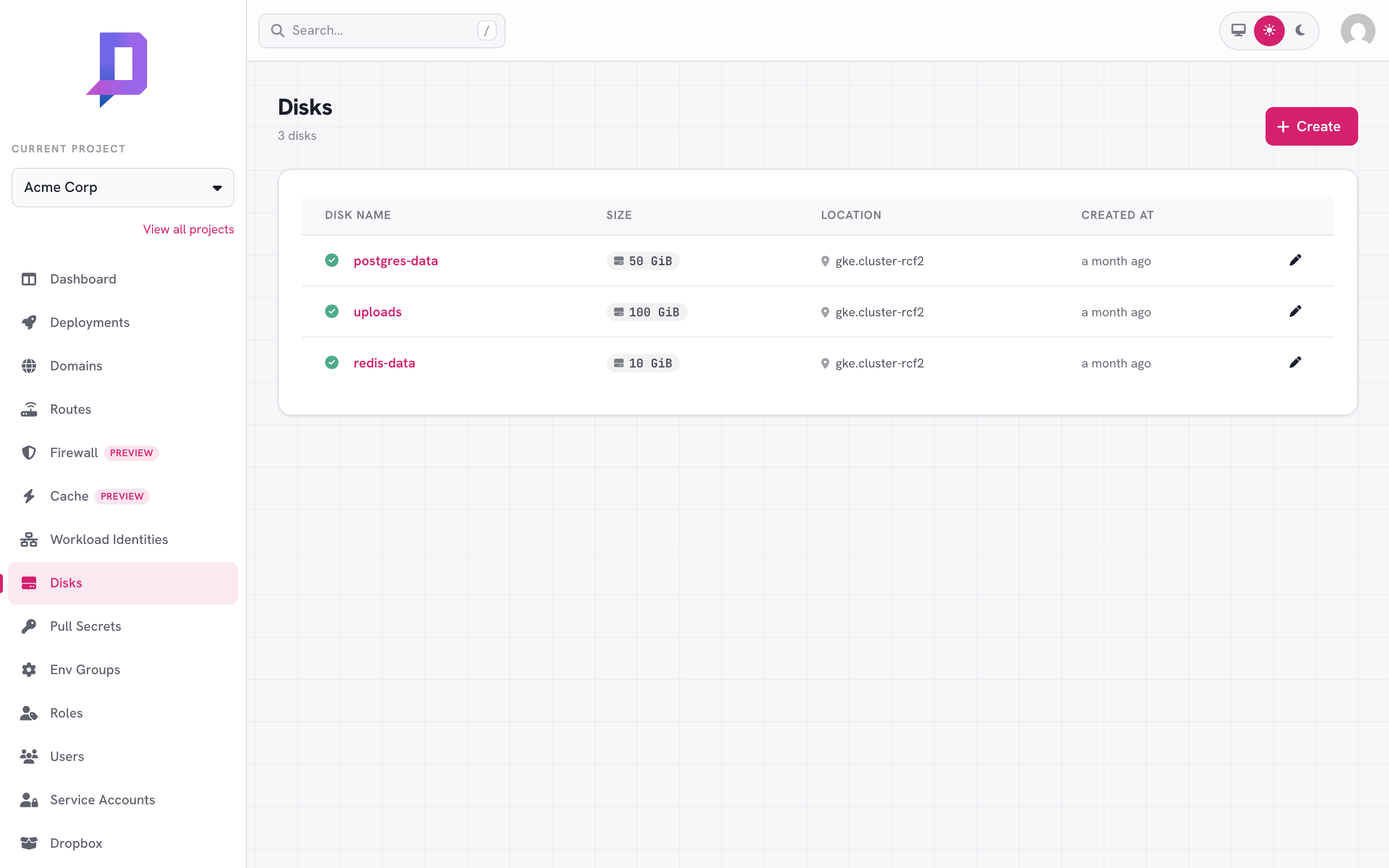Disks: postgres-data 50 GiB, uploads 100 GiB, redis-data 10 GiB