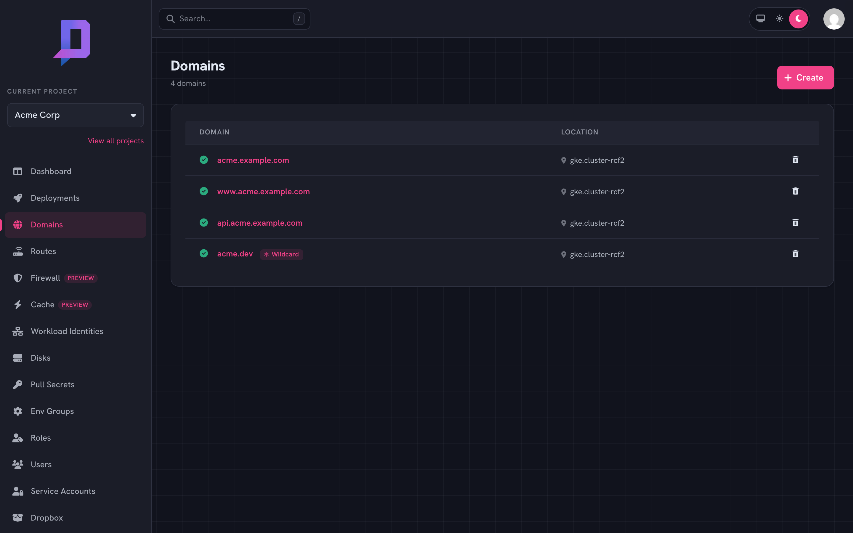 Domain list: apex, www, api, and a wildcard