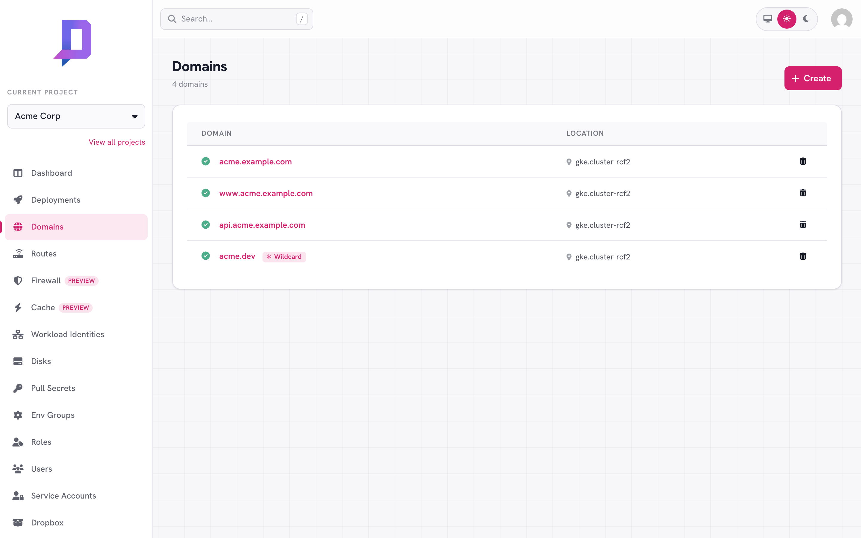 Domain list: apex, www, api, and a wildcard