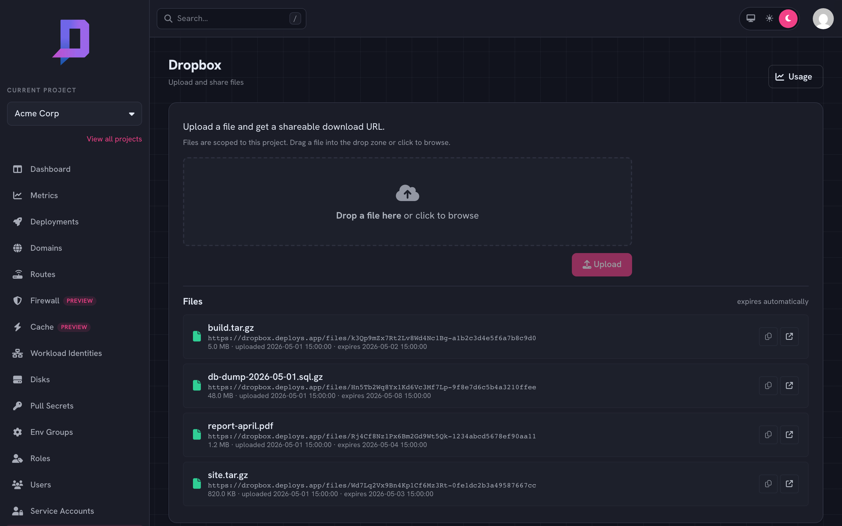 Dropbox: a drop zone above a list of four uploaded files, each with a download URL, size, and expiry
