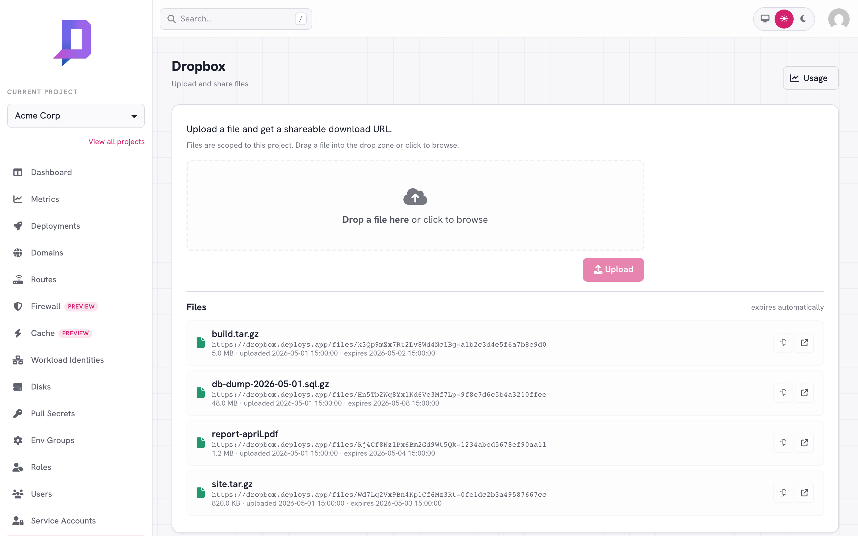 Dropbox: a drop zone above a list of four uploaded files, each with a download URL, size, and expiry