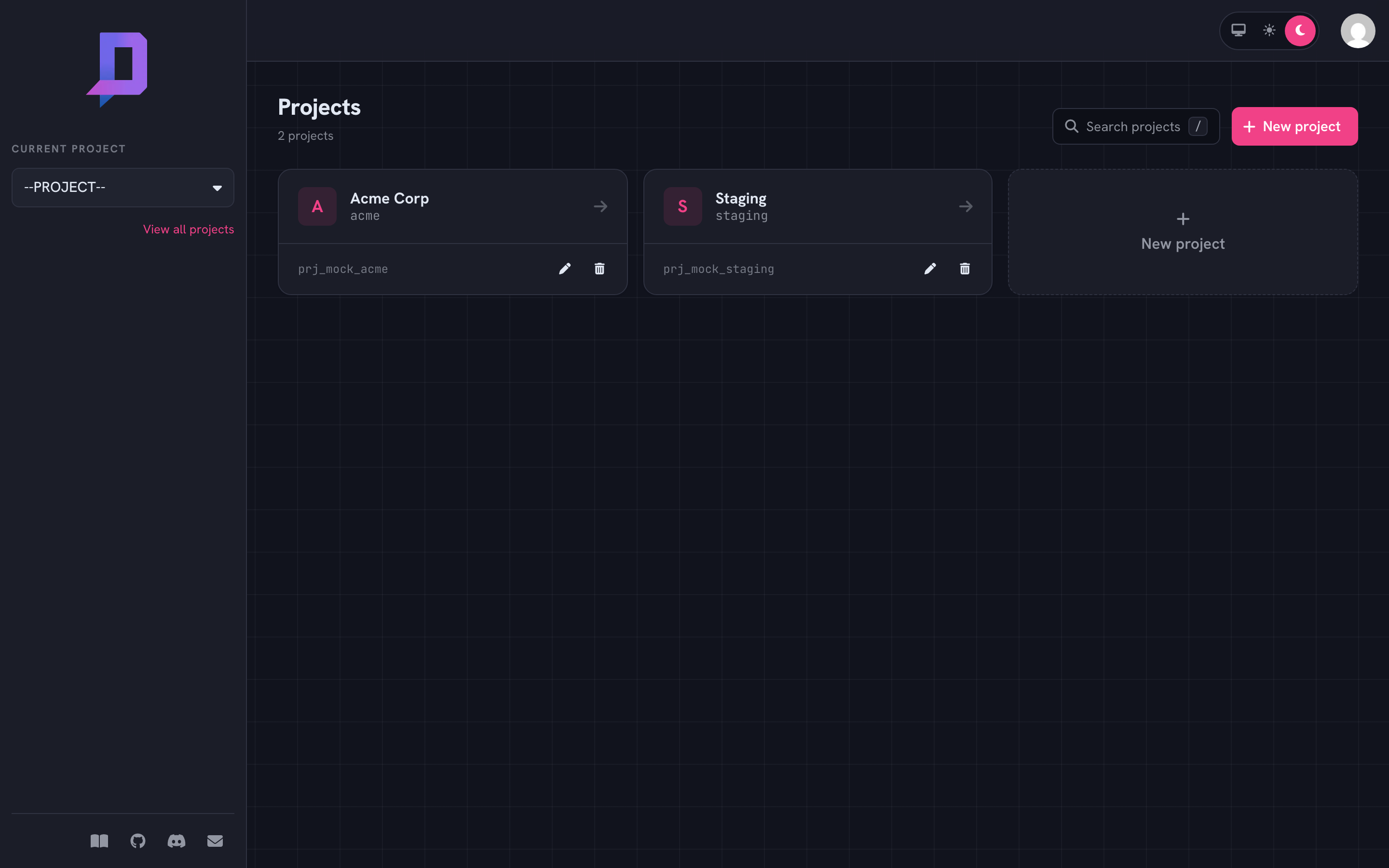 Project list in the console