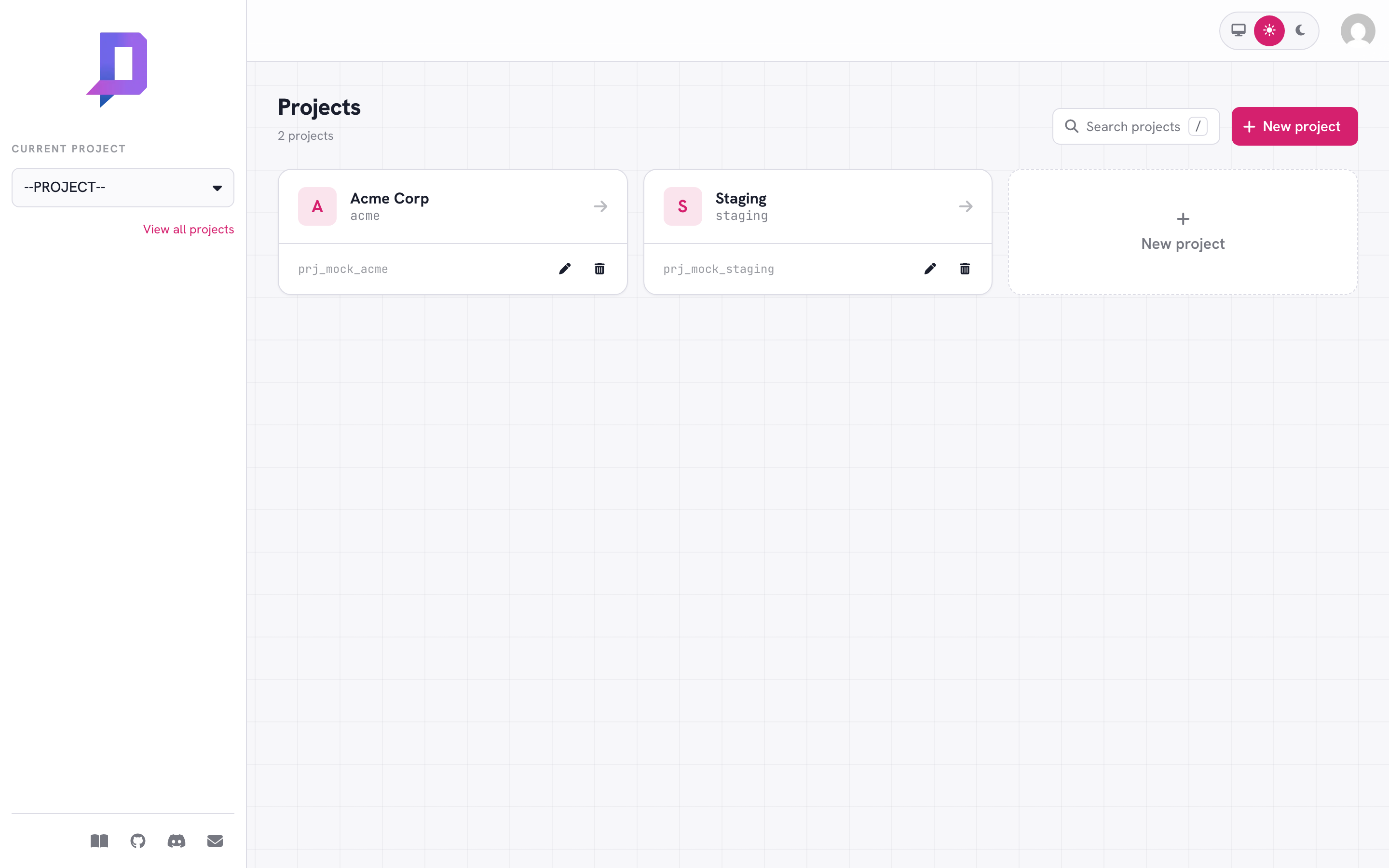 Project list in the console