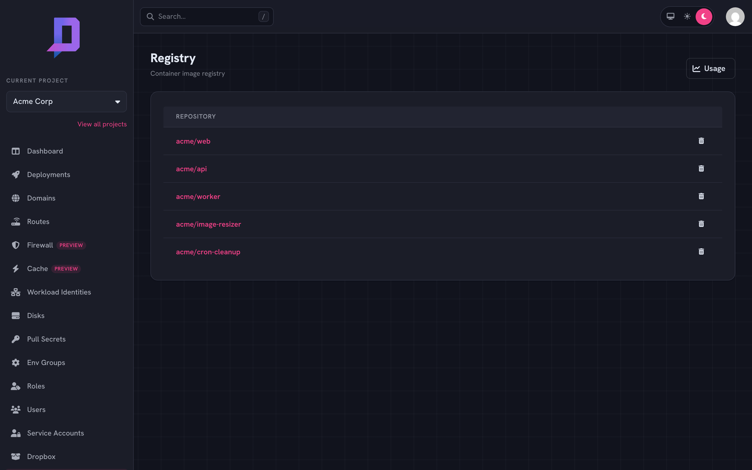 Registry list with five repositories in the acme project