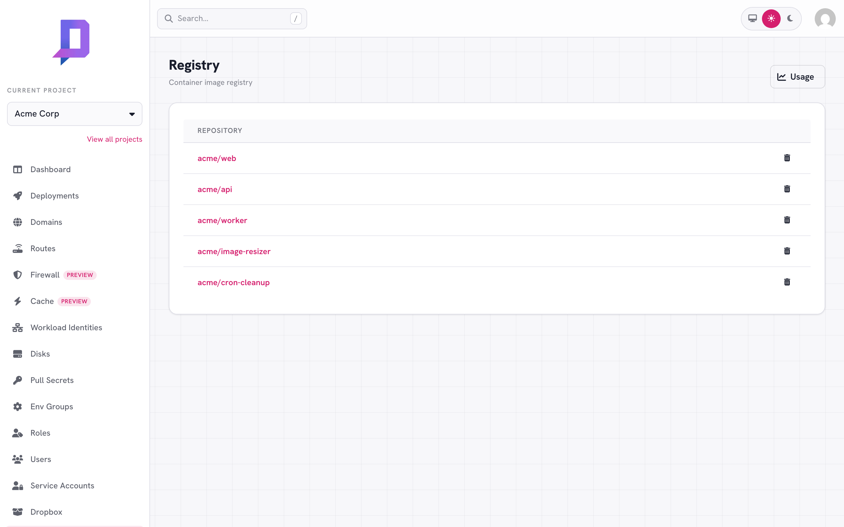 Registry list with five repositories in the acme project