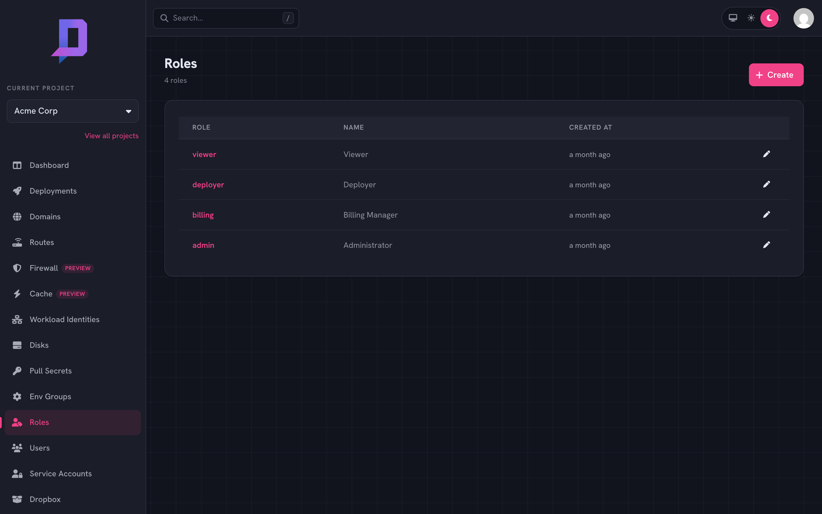 Role list with Viewer, Deployer, Billing Manager, and Administrator