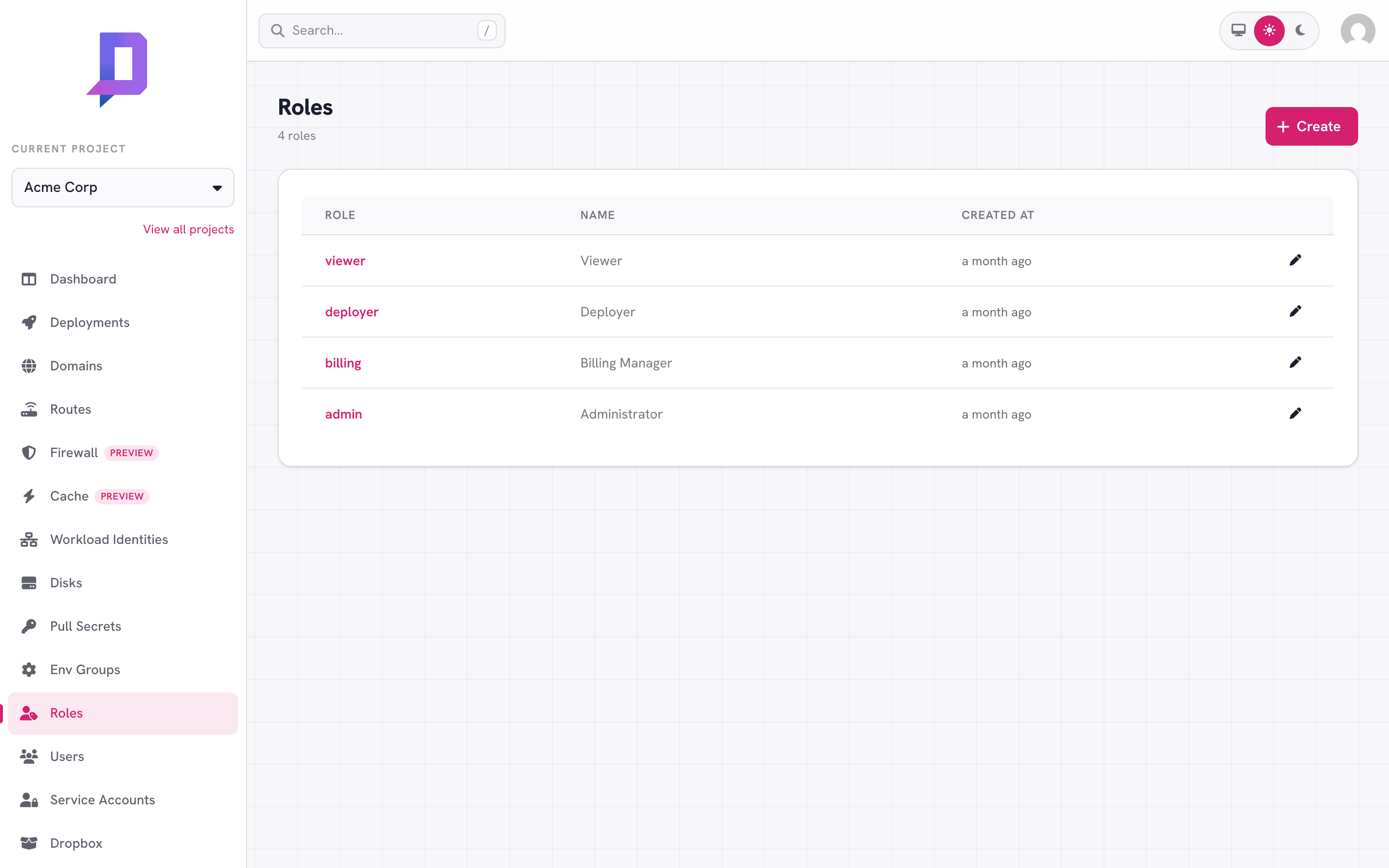 Role list with Viewer, Deployer, Billing Manager, and Administrator