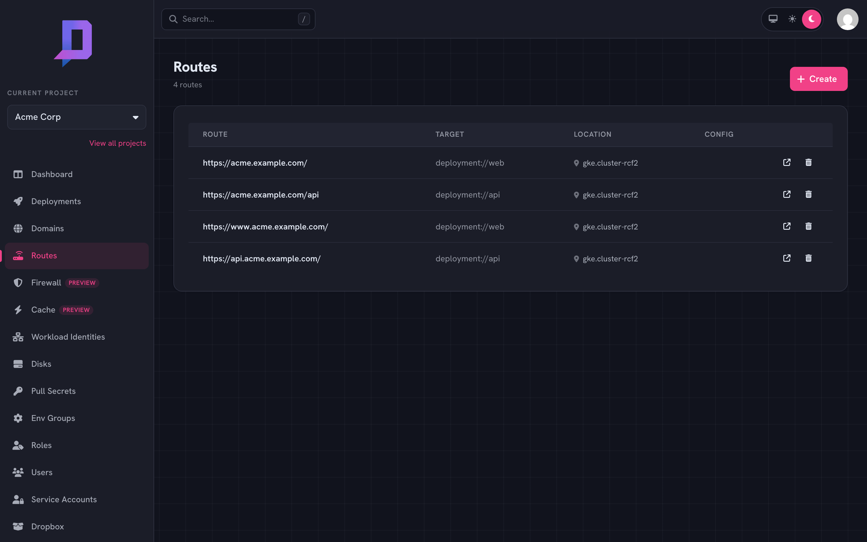 Four routes mapping acme.example.com and subdomains to web and api deployments