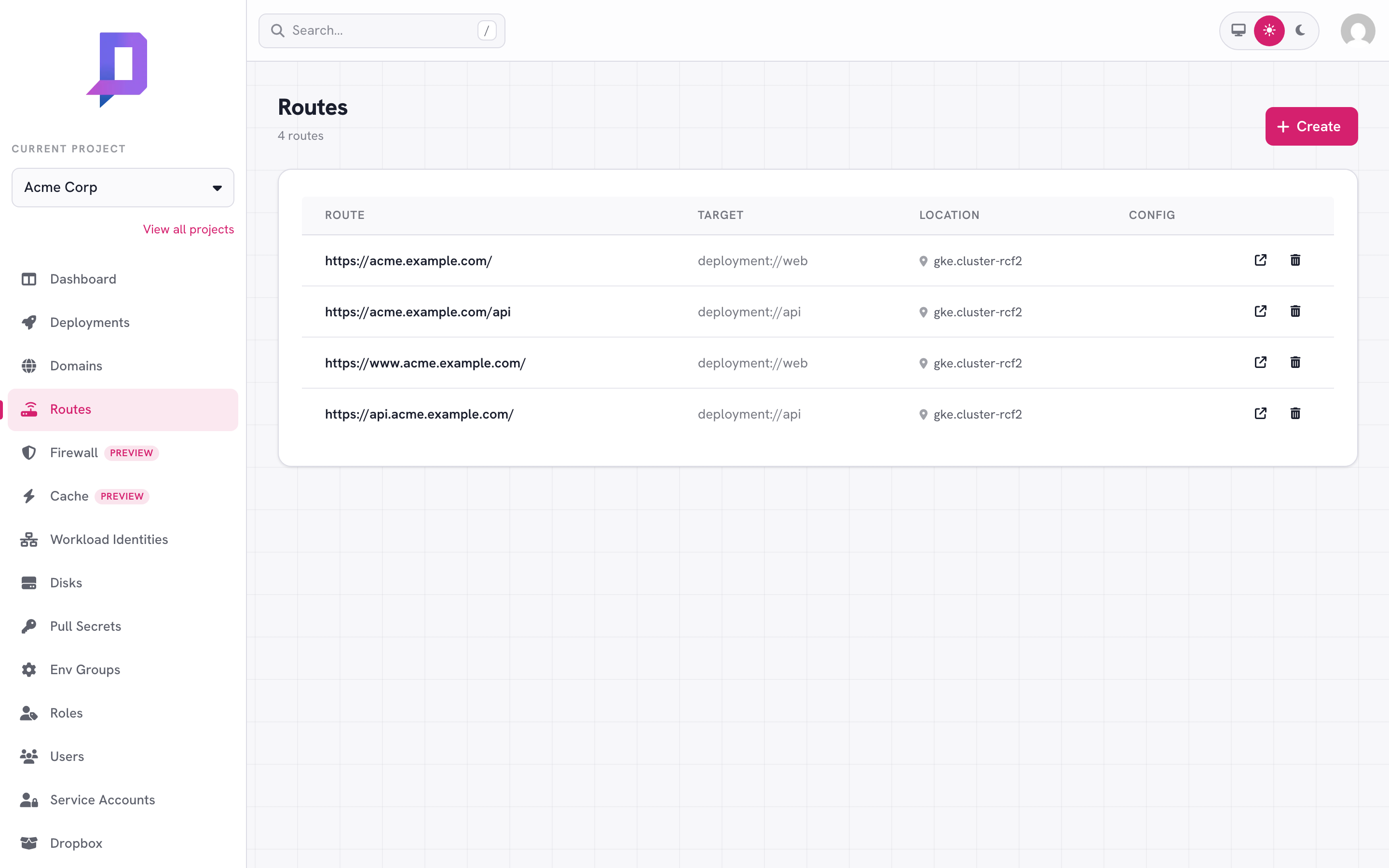 Four routes mapping acme.example.com and subdomains to web and api deployments
