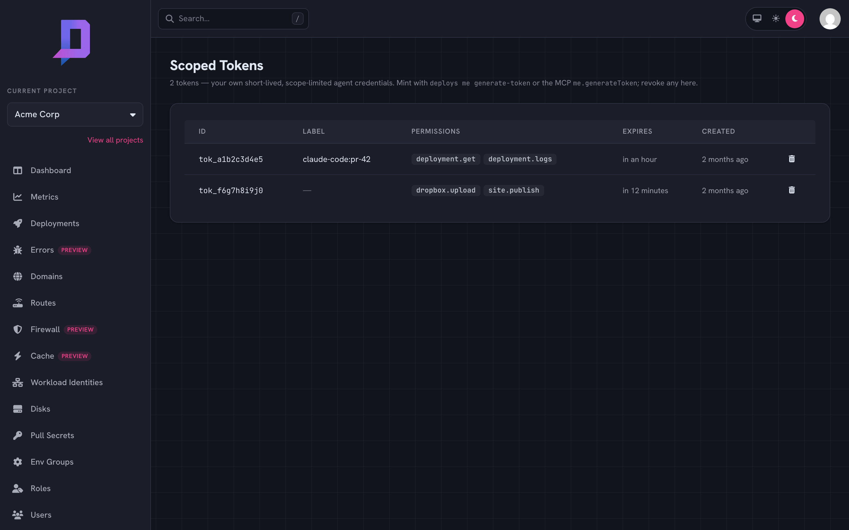 The Scoped Tokens page listing two active tokens with id, label, permissions, and expiry