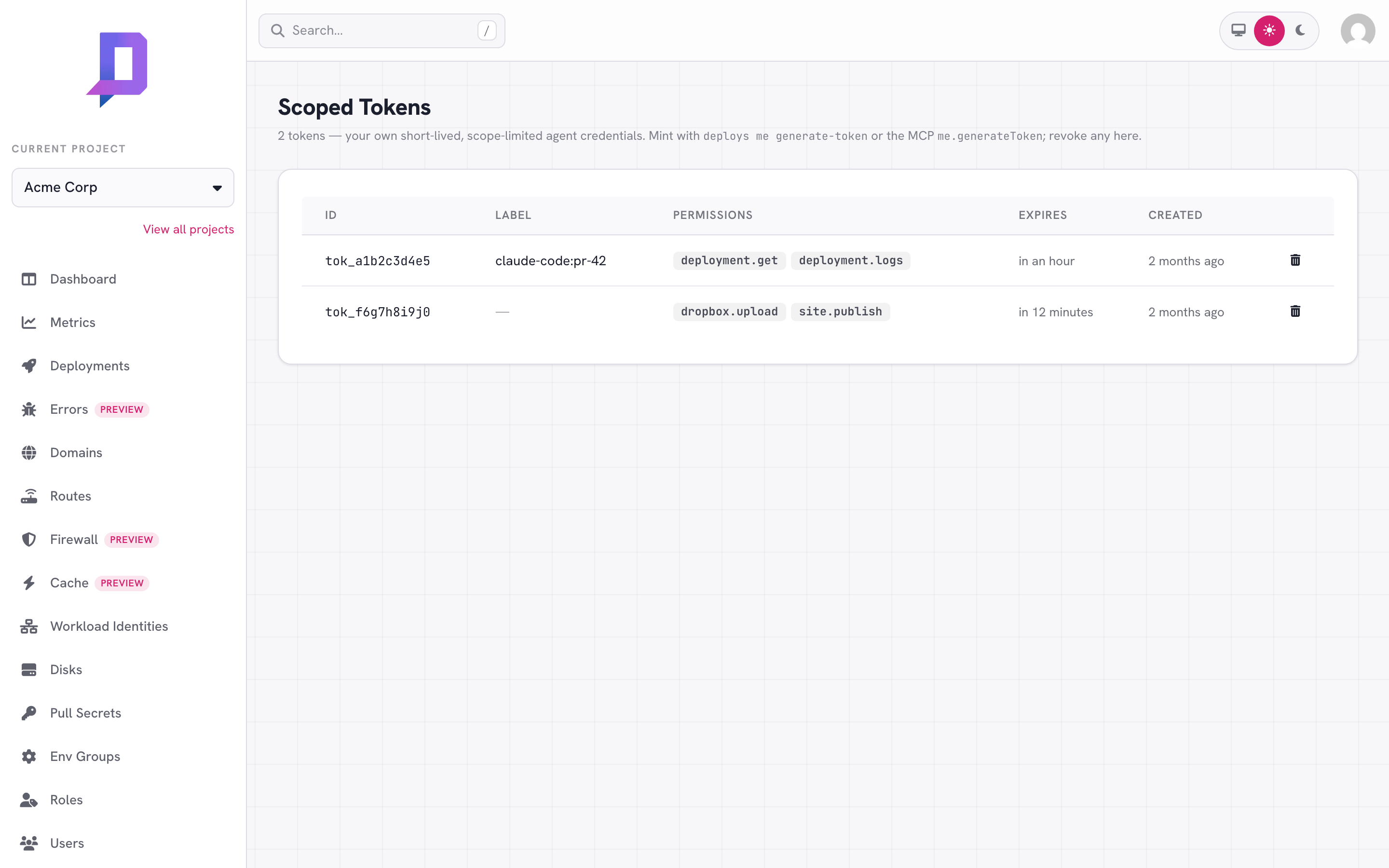 The Scoped Tokens page listing two active tokens with id, label, permissions, and expiry
