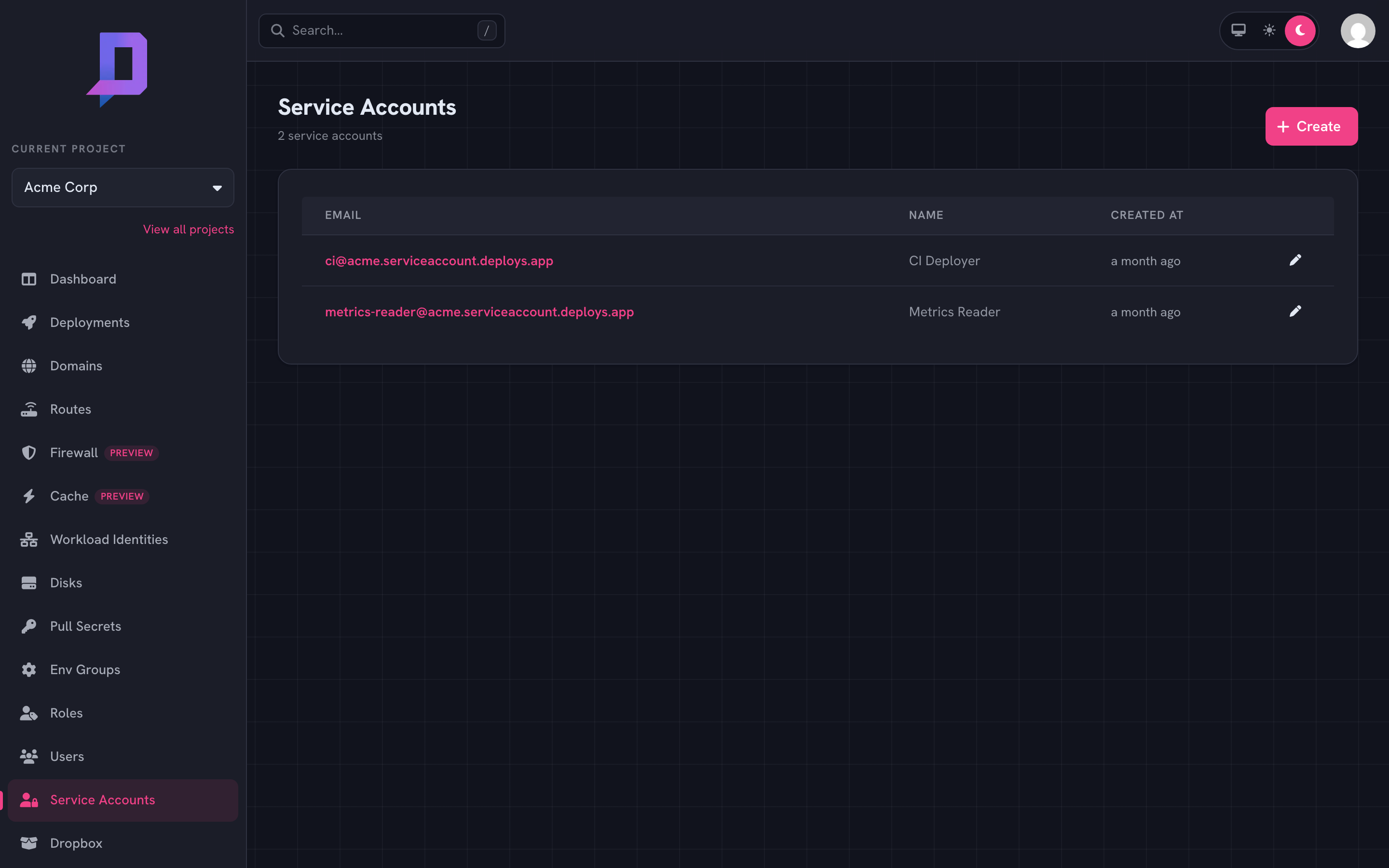 Two service accounts: CI Deployer and Metrics Reader