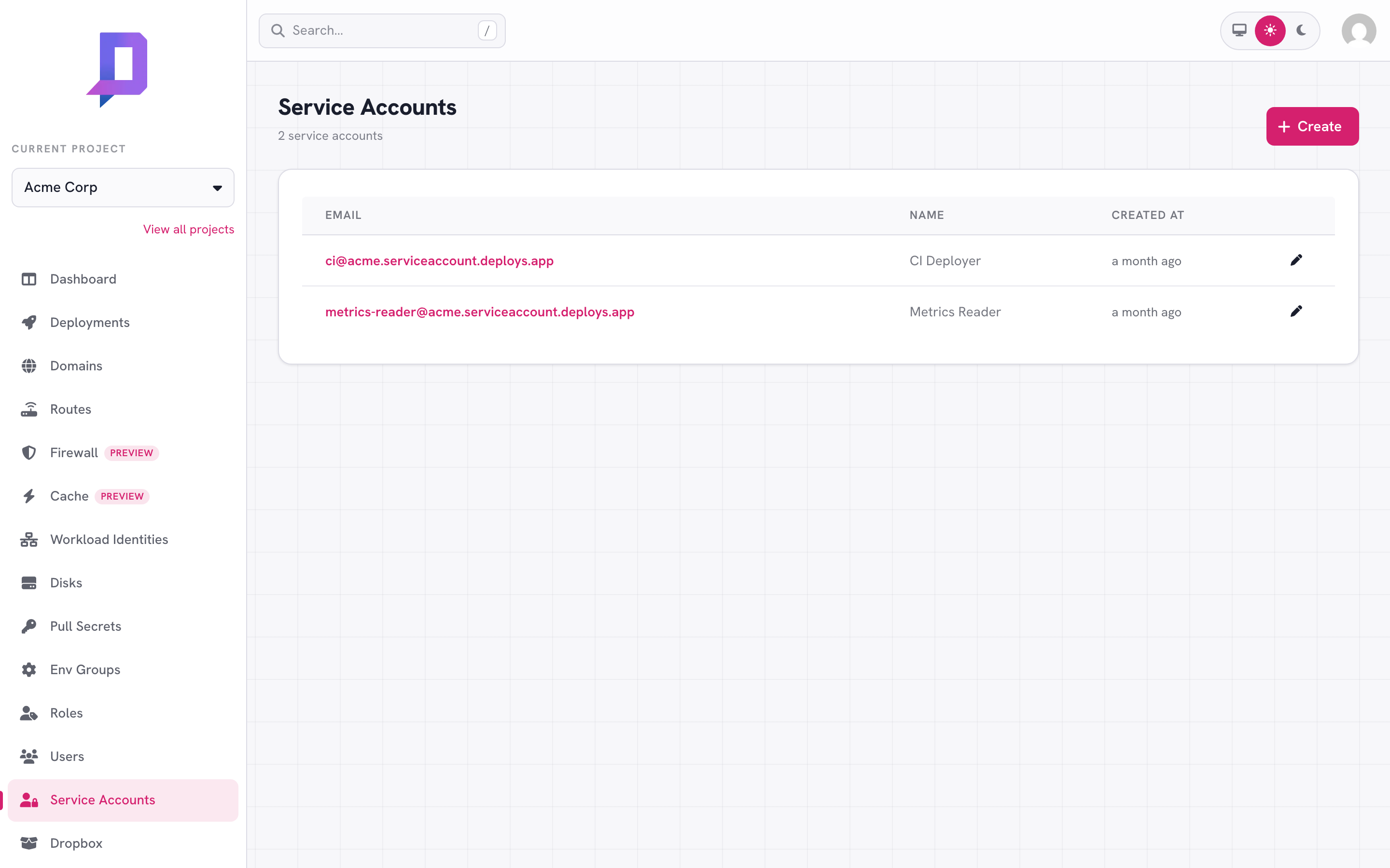 Two service accounts: CI Deployer and Metrics Reader
