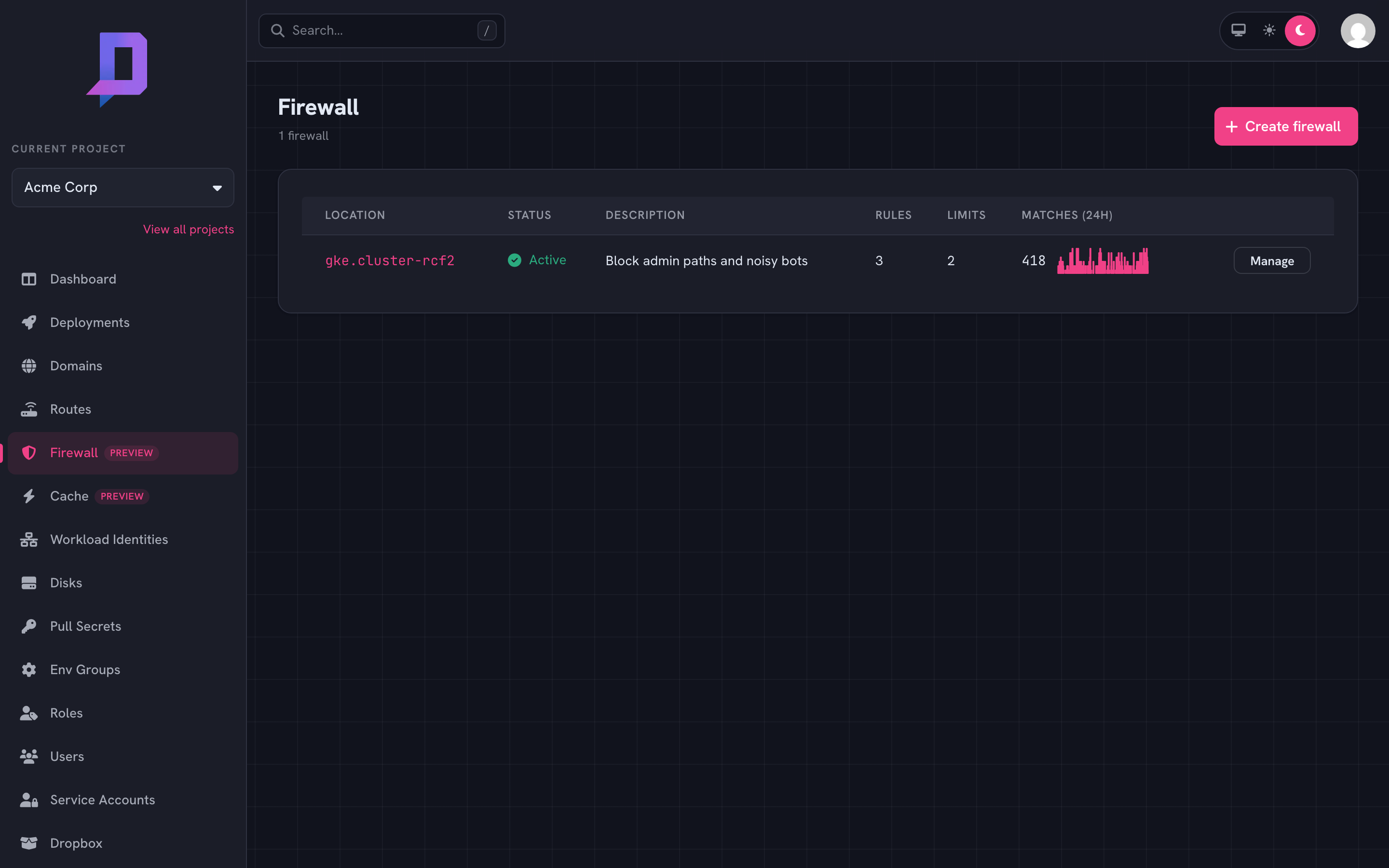Firewall list showing a single active zone with 3 rules and 431 matches in 24h