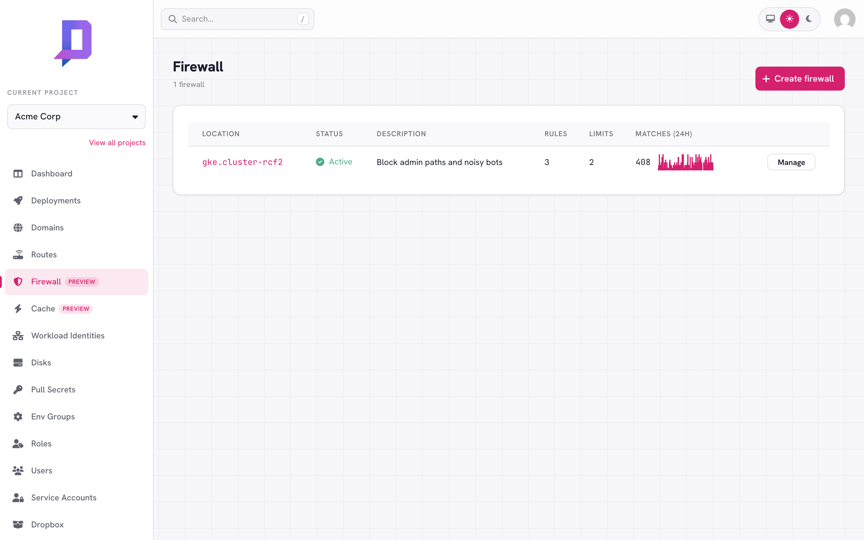 Firewall list showing a single active zone with 3 rules and 431 matches in 24h